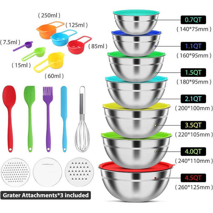 Набір мисок для змішування зі нержавіючої сталі (7 шт.) з кришками та 3 тертки - об'єм 4.5, 4, 3.5, 2.1, 1.5, 1.1, 0.7 QT. Набір кухонних помічників для приготування, випікання та подачі їжі. (Багатобарвний)