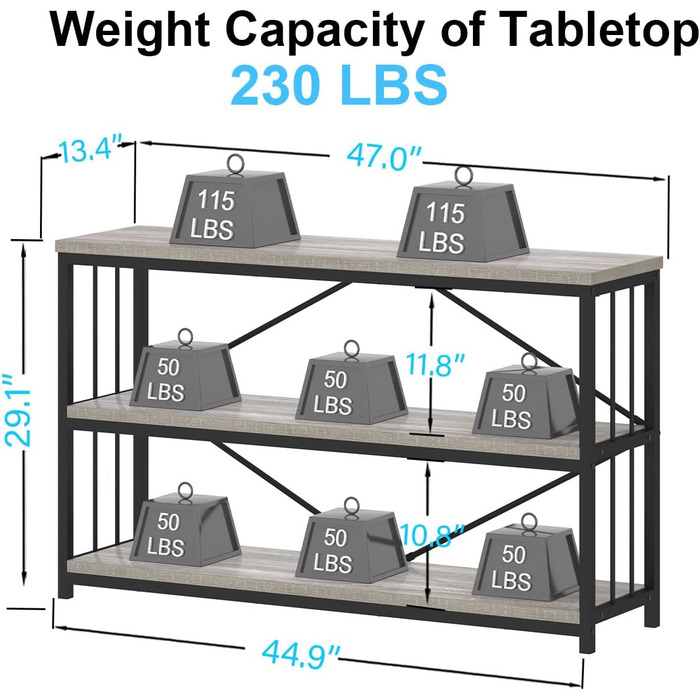 Металево-дерев'яна полиця IBF з 3 ярусами, індустріальний стиль, 120x34x74 см, сірий колір
