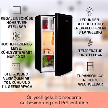 Холодильник Klarstein, міні-холодильник для напоїв, 46/80 л, чорний, з морозильною камерою, тихий, для дому, офісу, кемпінгу, 0-10°C