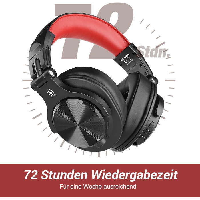 Накладні навушники OneOdio Bluetooth, 72h HiFi, бездротові, роз'єм 6,35 мм і 3,5 мм, червоний