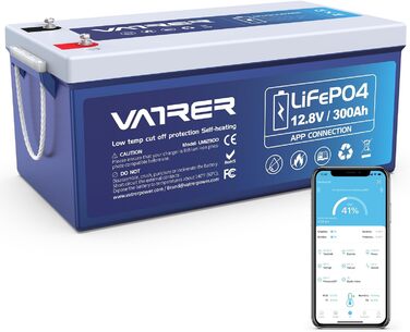 Літієва батарея VATRER POWER LiFePO4 12V 100AH з низькотемпературною відсічною літієвою батареєю 100A BMS 5000 глибокого циклу 1280 Вт для автофургонів, кемпінгу, човнів, сонячних домашніх систем (12V300Ah з автономним нагріванням)