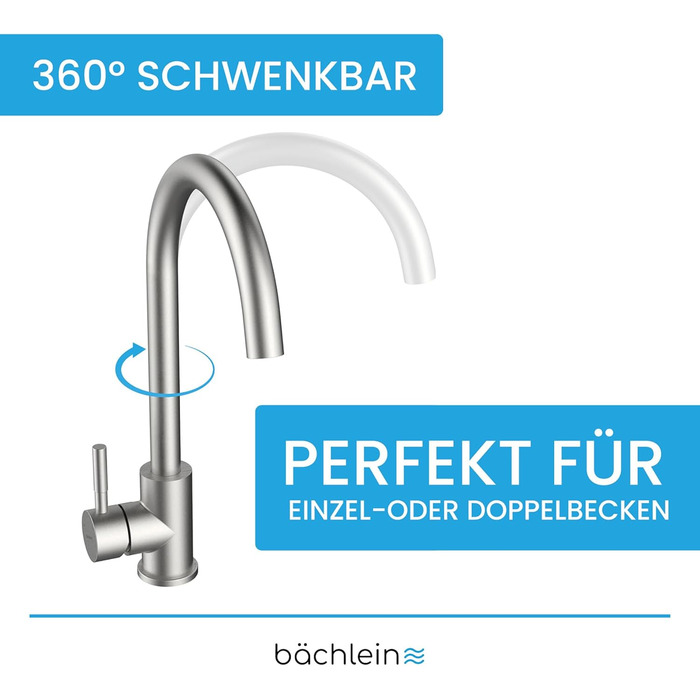 Змішувач для кухні Bchlein Plivo - Змішувач для раковини з одним важелем, поворот на 360, нержавіюча сталь, твердий