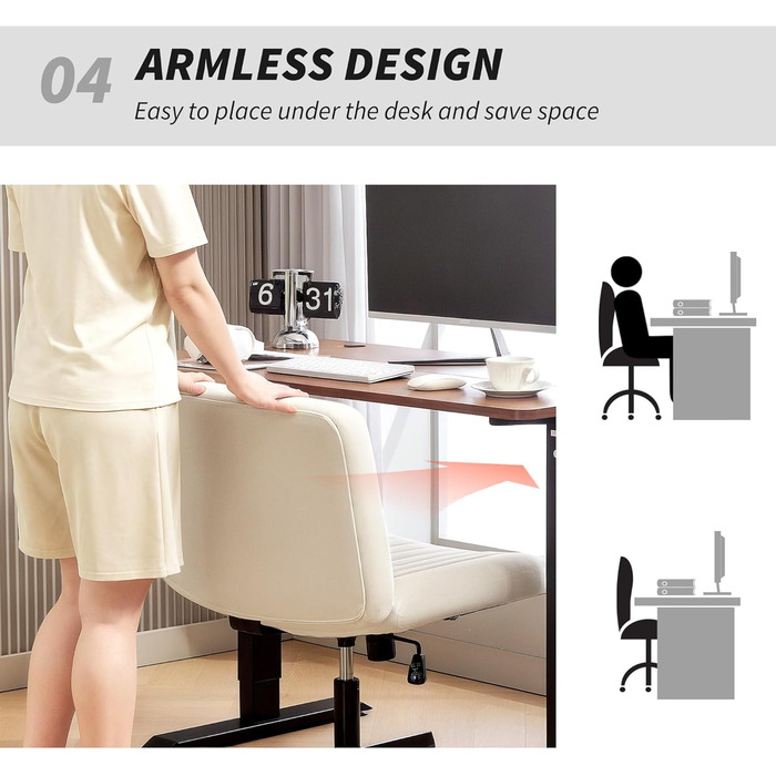 Крісло офісне без підлокітників HOMCOM, тканина льон, регульоване, поворотне, для дому, кремове