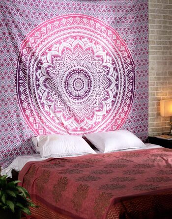 Гобелен королеви 228x213 см-рожевий декор для кімнати, настінний декоративний гобелен в стилі хіпі, Омбре, мандала, богемний, індійський, гуртожиток