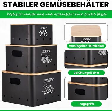 Набір контейнерів для зберігання картоплі, цибулі та часнику (3 шт) – Преміум-контейнери з циркуляцією повітря, вінтажний стиль, чорний колір