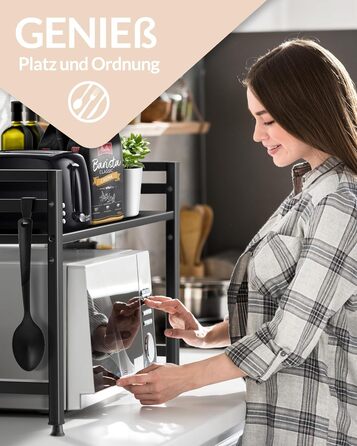 Підставка для мікрохвильової печі та кухонна полиця, сталева, 2-ярусна | Підставка для мікрохвильовки, шафка для мікрохвильовки, полиця для зберігання, полиця пекаря | Регульована висота та довжина, інструкція у відеоформаті, гачки - Чорний колір, 2 яруси