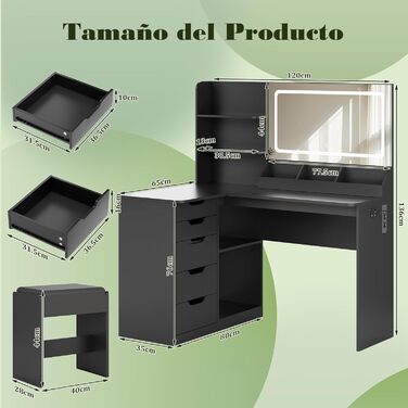 Дзеркальний столик для макіяжу Devoko з LED-підсвічуванням та пуфом, кутовий туалетний столик з розеткою, 5 ящиків, відкриті полиці, тримач для фену, для спальні (Білий) (Чорний)