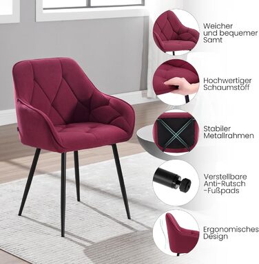 Набір з 2-х обідніх стільців WOLTU, для вітальні та кухні, ергономічні, з підлокітниками, м'яке сидіння з оксамиту (Бордо)