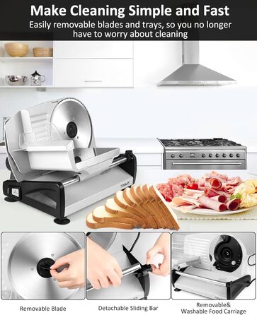 Електричний слайсер 200W з нержавіючої сталі - кухонний слайсер для м'яса, сиру, хліба та ковбаси, регулювання товщини шару 0-15 мм, 2 леза