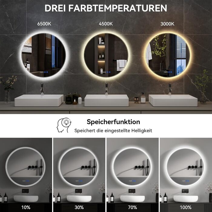 Дзеркало для ванної кімнати YOURLITE з підсвічуванням, діаметр 60 см, LED, 3 кольори, регулювання яскравості, сенсорна кнопка, антизапар, пам'ять, IP44, срібний