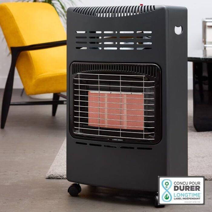 Газова додаткова піч Favex 8630047 – готова до використання з шлангом та редуктором – інфрачервовий керамічний нагрівач – 3 режими потужності до 40 м² – сталь, чорний колір