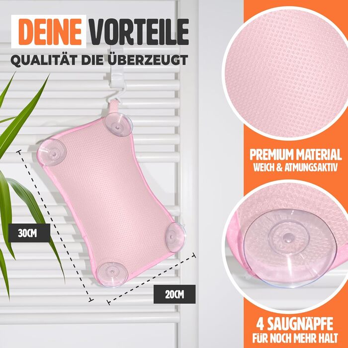 Подушка для ванни - преміум якість, 4 міцні присоски, ергономічна форма для шиї та спини, інтегрований гачок (Рожева)