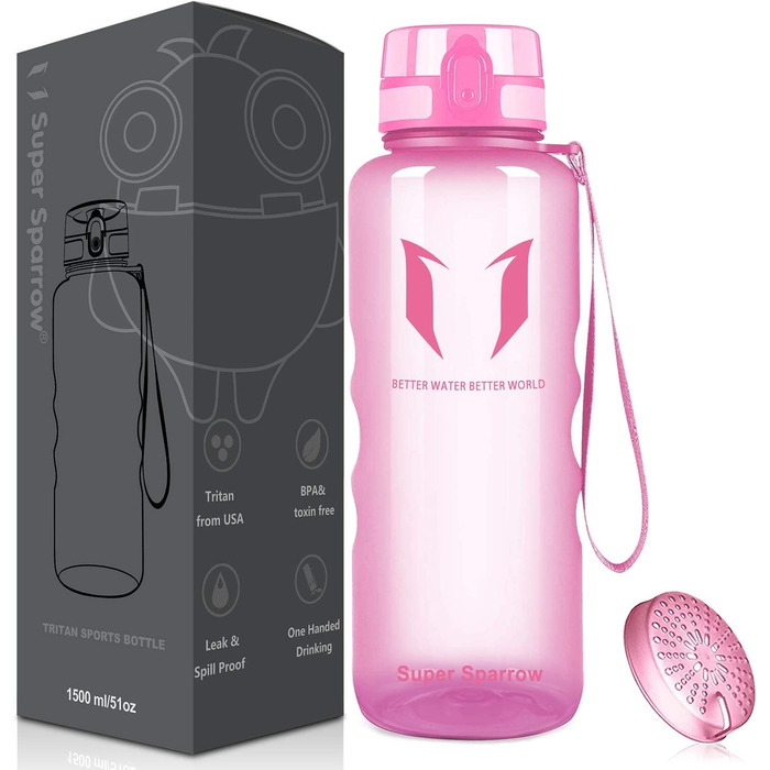 Пляшка для пиття Super Sparrow-герметична пляшка для води об'ємом 1,5 л-спортивна пляшка без бісфенолу А / Школа, спорт, вода, велосипед (2-матово-рожевий)