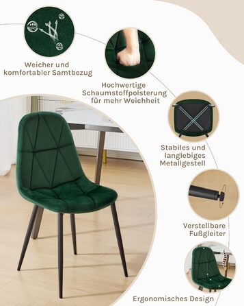 Набір обідніх стільців Lestarain (4 шт.) з підлокотниками, для кухні, вітальні, обідньої кімнати. М'які стільці з оксамитовим покриттям, металевий каркас, ергономічний дизайн, темно-зелений колір