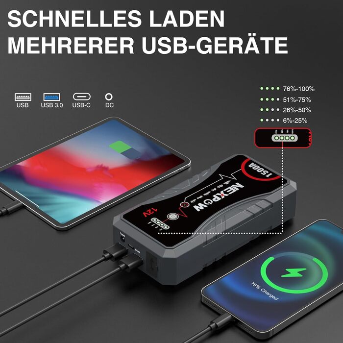 Powerbank Starthilfe NEXPOW 1500A: Зарядний пристрій для автомобіля, стартер, LED ліхтарик, USB, 12V, 1500A