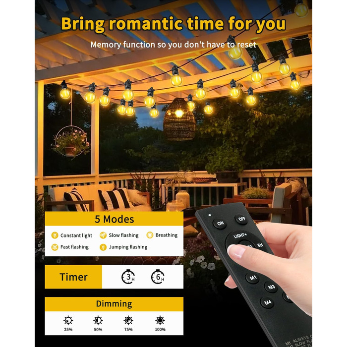 Ланцюжок прикрас для зовнішнього використання, 10м, G40 лампочки. Водостійкий (IP68), диммування, з пультом ДУ. Ідеально для балкона, павільйону, саду, тераси, вечірки, весілля.