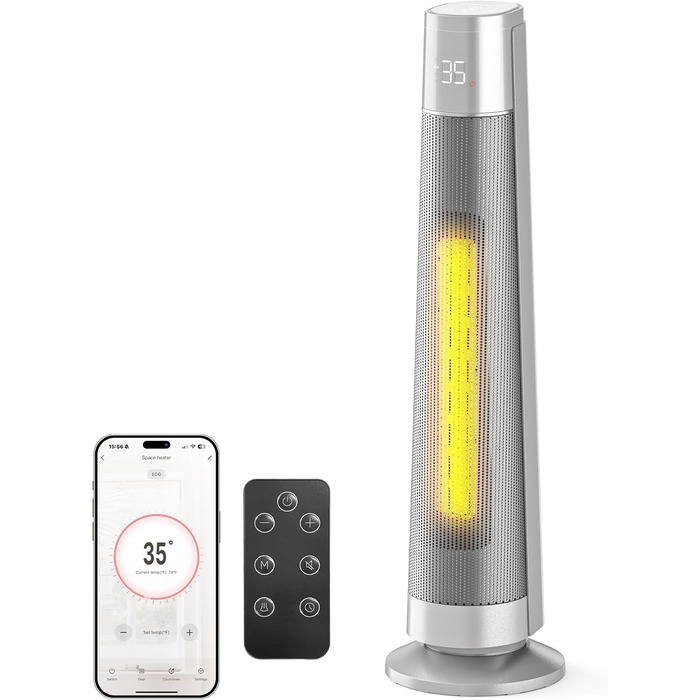 Електричний обігрівач з термостатом та ECO-режимом, 1500W, PTC керамічний, 4 режими, цифровий дисплей, таймер 12 годин, 35dB, срібний (74cm)