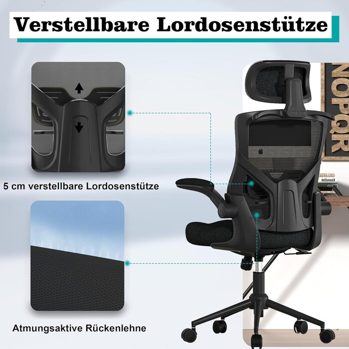 Ергономічне крісло для офісу з регульованою підголівником та поперековою підтримкою – високе офісне крісло з сітчастою спинкою та м'яким сидінням, вішалка для одягу та функцією блокування (Чорний)