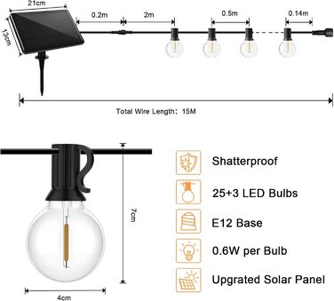 Сонячні струнні ліхтарі на відкритому повітрі з 28 світлодіодними лампами, 4 режими, стійкі до погодних умов для вечірки в садовому патіо, 15M