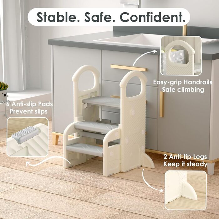 Дитячий тривалий стільчик Hoopyosms з регулюванням висоти, складний, з поручнями, антиковзкий, для ванної та кухні, сірий