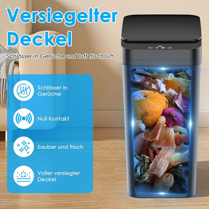 Набір з 2 електричних сміттєвих баків Dreamhigh® 12L з датчиком, автоматичним відкриванням, 3 режимами відкривання, тихим, водонепроникним корпусом для кухні, ванної, офісу, вітальні, чорний