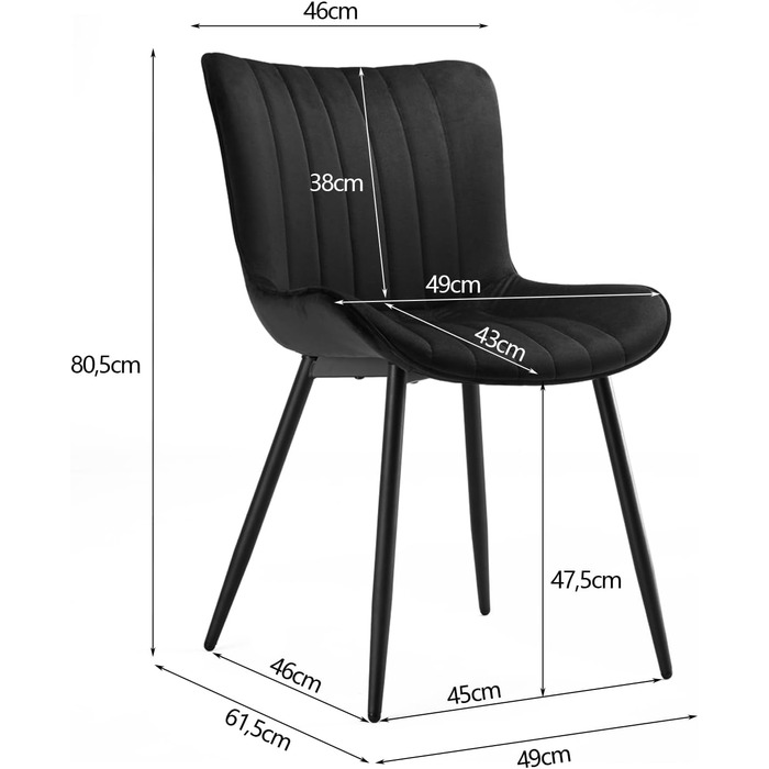 Комплект Goeurvant з 2 обідніх стільців Чорний Оксамит зі спинкою і металевими ніжками, 49x43x80 см