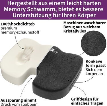 Ортопедична подушка на сидіння для копчика та стегон, ергономічна подушка для офісного крісла та авто з ефектом пам'яті (Memory Foam), протиковзкою основою, чорна
