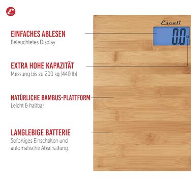 Ваги для ванної Escali ECO200, екологічні, цифрові, 200 кг, бамбук, 30x30x3 см