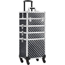 Ягетеч Косметичка-Тролі 4-в-1, Великий Косметичний Ящик для Макіяжу, Закривається на Замок, Багатофункціональний Ящик для Візажистів, Красота з Коліщатками та Висувною Шухлядою (Блискучий Чорний)