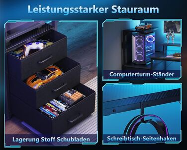 Ігровий стіл Coleshome з ящиками, 151x50 см, LED-підсвічуванням та розеткою, стіл для комп'ютера з полицями та підставкою для монітора, карбон, чорний