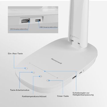 Світлодіодна настільна лампа Honeywell Sunturalux H2, з можливістю затемнення, USB, сенсорний, 4 кольори, захист очей, білий