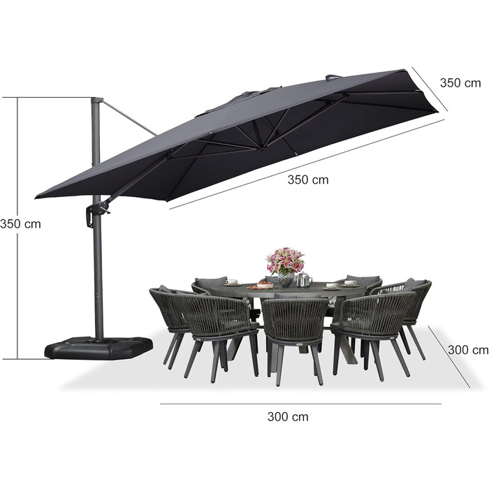 Парасолька від сонця PURPLE LEAF 350x350 см, велика садовий ампельний зонт з рукояткою, поворотом на 360° та хрестою основою для тераси та балкона, сіра