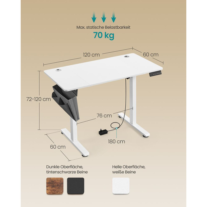 Електричний стіл з регулюванням висоти 60 x 120 x (72-120) см - Cloud White / 60D x 110W x (72-120)H см