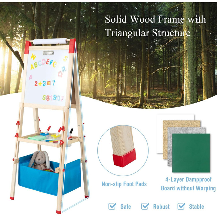Дитяча мольберт HOMASIS двосторонній, регульована висота, крейда та папір, для дітей 3-8 років, з сумкою для зберігання, 44 x 40 x 102-126 см