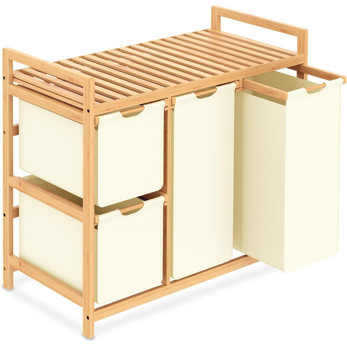 Бамбуковий кошик для білизни iEGrow з 4 відділеннями (150л), з полицею для брудної білизни, Oxford-тканина, 2 x 50л, 2 x 25л, бежевий