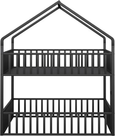 Двоярусне ліжко 140x200 см для 2 дітей, з будиночком, сходами та дверцятами, металеве, з захистом від падіння та ламелями (чорне)