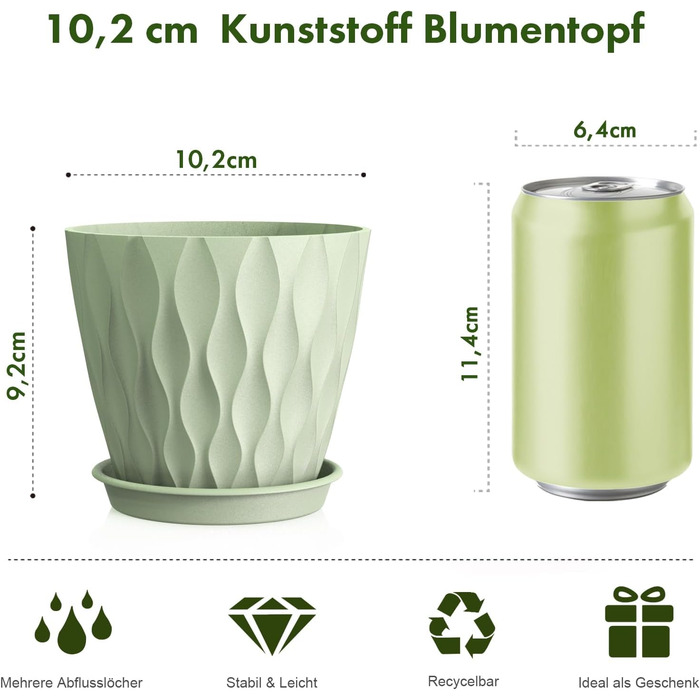 Набір горщиків для квітів 5 шт. об'ємом 20 см, пластикові горщики Dick з підставкою та дренажними отворами, горщик-пересадочний з 3D-фактурою для монстери, герані та кімнатних рослин (зелений, Ø 10,2 см, 5 шт.)