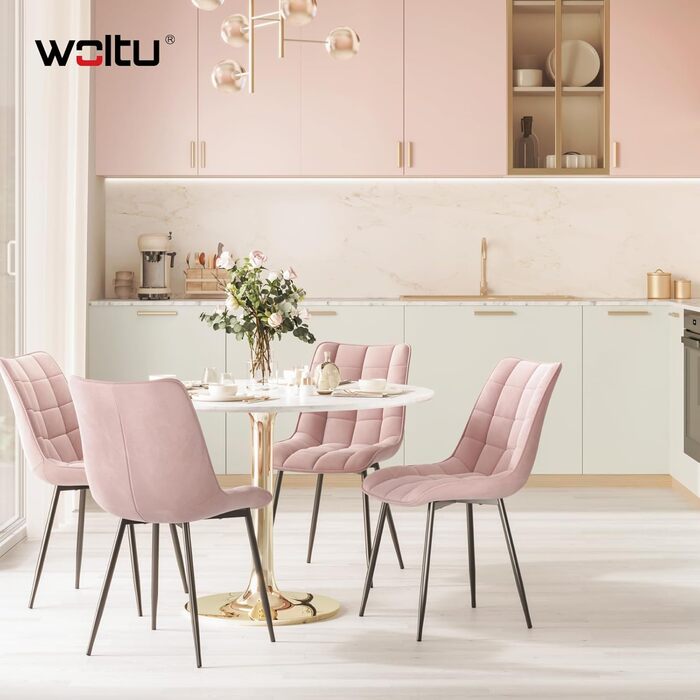 Набір обідніх стільців WOLTU, 8 шт., рожеві, для кухні, вітальні, їдальні, м'яке сидіння з велюру, металеві ніжки, до 150 кг