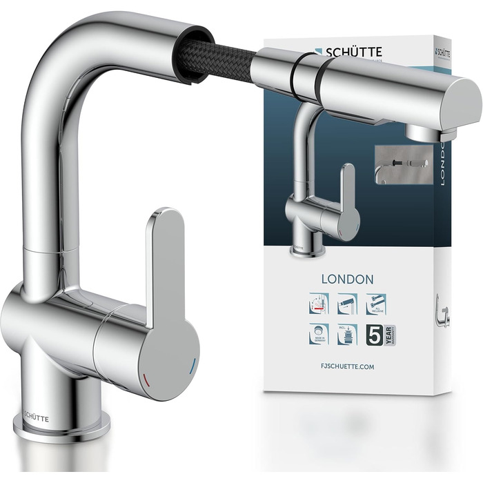 Змішувач для ванної SCHÜTTE 79710 LONDON з висувною лійкою, настінний, з донним клапаном, хром