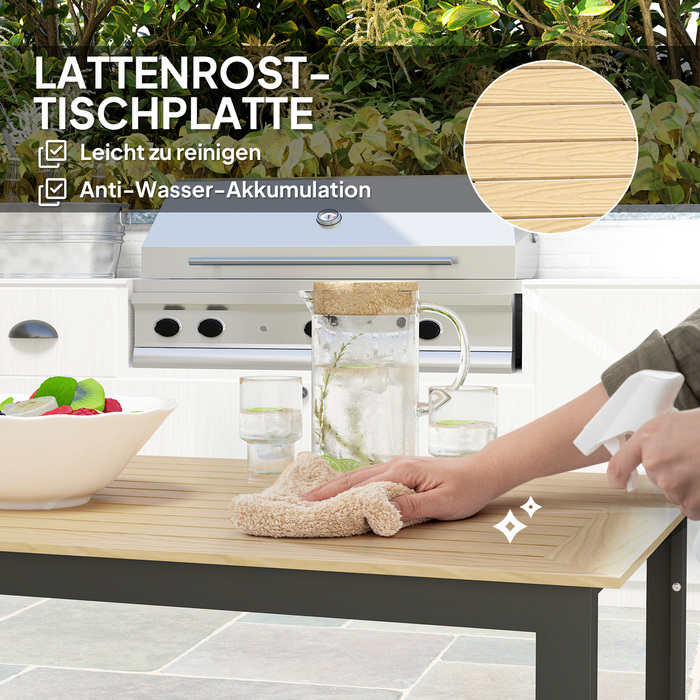 Металевий садовий стіл 175x78 см, стійкий до погодних умов, балконний стіл з імітацією дерева, з антиковзким покриттям, чорний обідній стіл