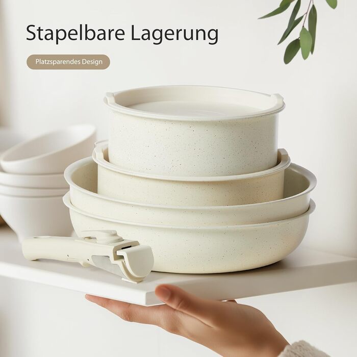 Набір посуду Sweetcrispy 12 предметів: сковорідки та каструлі з знімними ручками, антипригарне покриття, для індукції, сумісний з духовкою, білий