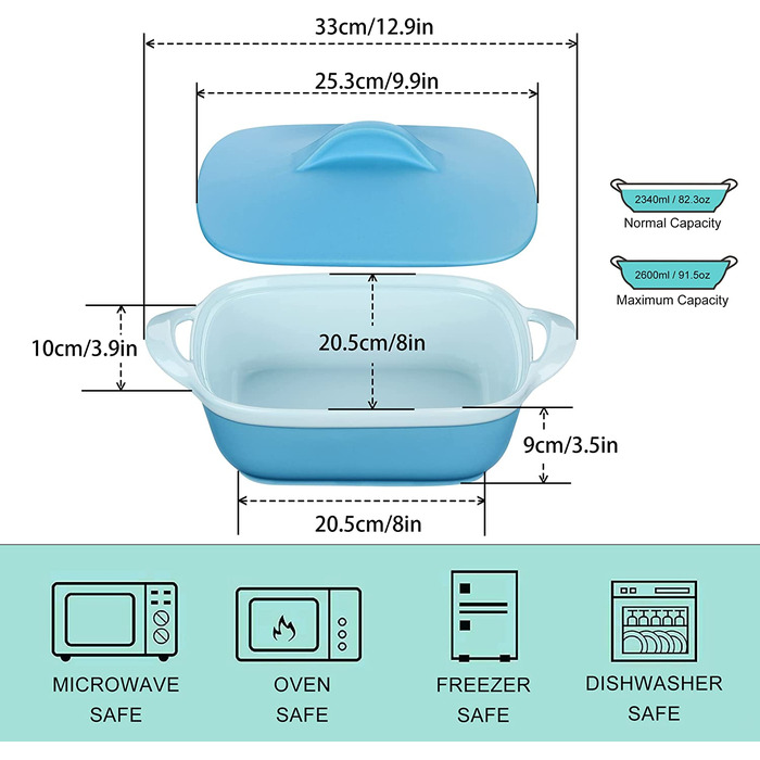 Порцелянова форма для випічки, форма для духовки LOVECASA, прямокутна форма для випічки з 3 предметів із закругленими кутами, форма для пирога з заварним кремом, форми для випічки, листи для лазаньї з ручками (сині, форма для випічки, 1 серія, 2600 мл)