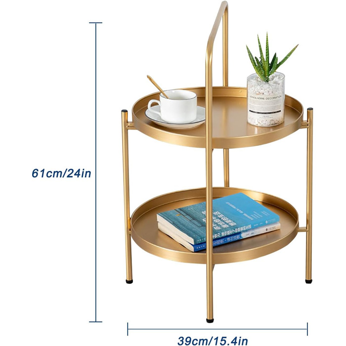 Бічні столики Металевий моношаровий круглий журнальний столик, знімна полиця Ener Бічний столик Металевий піднос Закусочний столик Круглий журнальний столик Чайний столик Приліжкова тумбочка (Колір) (Золото/Золото)