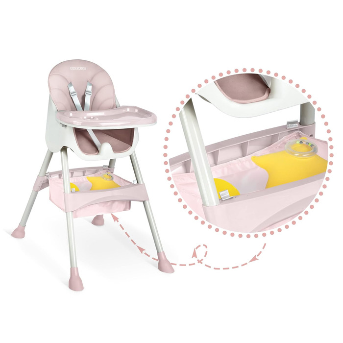 Дитячий стільчик для годування Ricokids 3 в 1, від 6 місяців, з регулюванням висоти, з підносом, безпечний, складний, бежевий (рожевий)