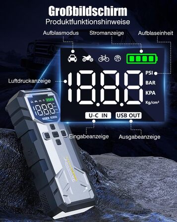 Powerbank Starthilfe 7000A з компресором та LED-ліхтариком: 160PSI, 12V для бензинових та дизельних авто (10L)