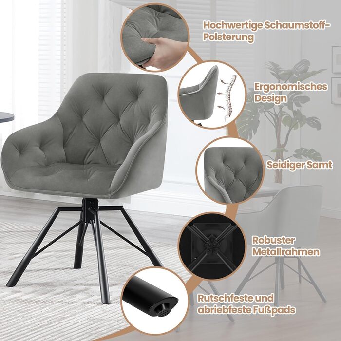 WOLTU Комплект з 4-х обертових стільців для їдальні, з підлокітниками, 360° обертання, для кухні та вітальні, з м'яким оксамитовим покриттям, сірий