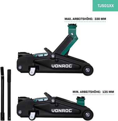 Гідравлічний домкрат VONROC 2T для авто - низькопрофільний, до 2 тонн - для заміни шин та ремонту, висота до 33 см, з подовженою ручкою