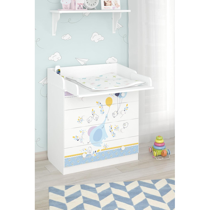 Дитяча пеленальна комода Shefa Kids Elefant з повітряною кулькою – 4 шухляди, з відкидним столиком, для дитячої/немовлятньої кімнати, ергономічна пеленальна станція, білий слон