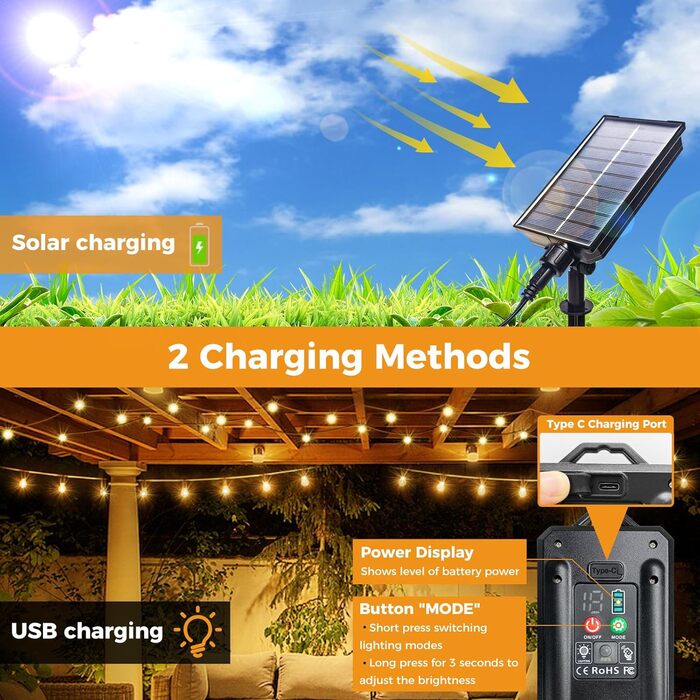 Сонячна гірлянда для вулиці Litogo з 25+2 LED-лампочками G40, 8 режимів, диммування, пульт дистанційного керування, тепле світло, для балкона, саду, тераси