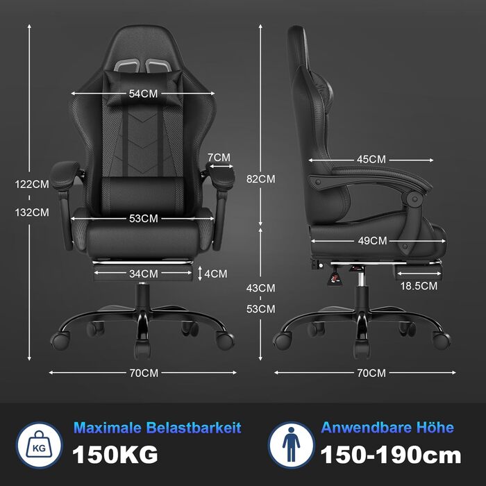 Ігровий крісло JUMMICO з масажем, ергономічний офісний крісло з підголовником для попереку, регульована спинка 90-135°, підставка для ніг, чорний, до 150 кг